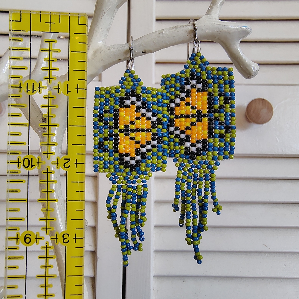 Handcrafted Butterfly Beaded Earrings - Blue and Yellow - Picture 3 of 3